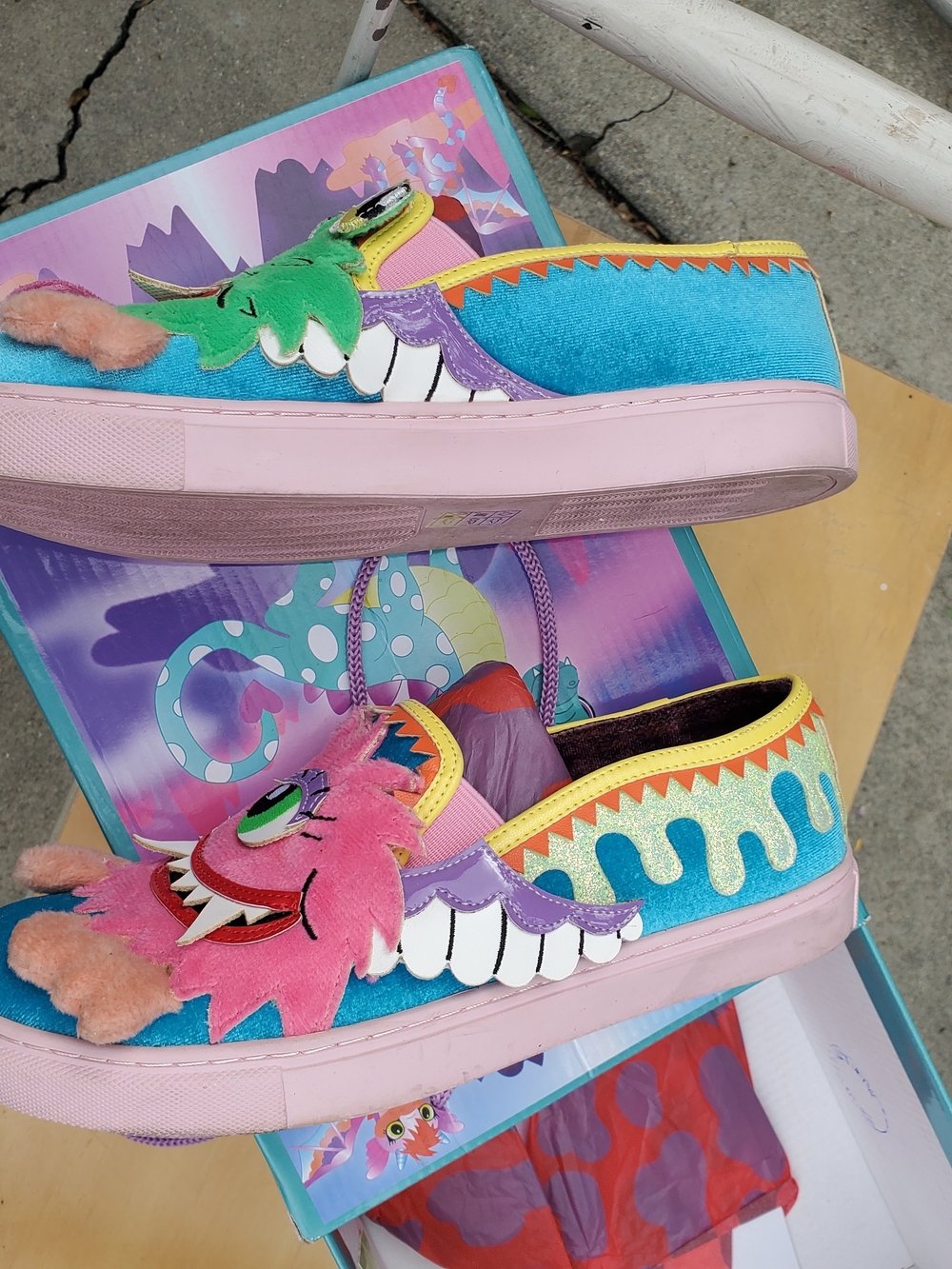 Irregular Choice Colorful Monster Slip-On Flats in Pink, Green & Blue - Picture 3 of 6